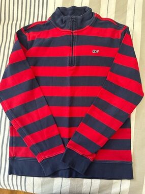 Vineyard Vines Men’s Red and Navy Striped Quarter-Zip Pullover